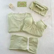 Pajama Set: Long-Sleeve Plain Button Top + Padded Camisole + Pants + Shorts 17423 - Set Of 4 - Top & Padded Camisole & Pants & Shorts - Plain - Green - 2XL