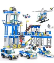 City Police Station Building Block Set - 890 Pieces Helicopter, Police Car