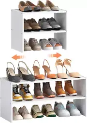 2-Tier Expandable White Shoe Rack Organizer for Closet Stackable Storage Shelf