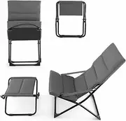 Costway Patio Folding Sling Chair with Ottoman, Outdoor Portable Lounge Chair with Footrest & Removable Cushion, Reclining Beach Chair & Ottoman Set for Deck, Garden, Poolside, Grey