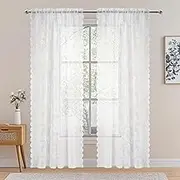Neween Sheer Curtains White Floral Lace Curtains Rod Pocket Window Curtains Drapes for Short Curtains Bedroom, Each W145 x D213 cm, Set of 2 Panels