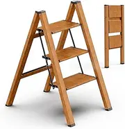3 Step Ladder Anti-Slip Foldable Step Stool Aluminum Lightweight with Wide Pedal for Home and Kitchen Space Saving - Woodgrain (330 lbs)