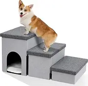 Heeyoo Dog Stairs for Small Dogs, 3-Step Foldable Pet Steps with Storage, Non-Slip, Up to 200 Lbs, Dark Grey