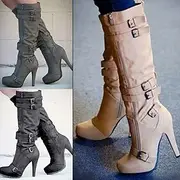 Women's High Heel Knee-High Boots – Stylish Beige Buckle Strap Boots with Stiletto Heel for Fall Winter Fashion