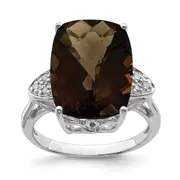 Sterling Silver Rhodium Checker-Cut Smoky Quartz u0026 Natural Diamond Gemstone Birthstone Ring Fine Jewelry Gift for Her