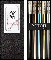 YOZOTI Stainless Steel Chopsticks, Reusable Chopsticks, 5 Pairs Dishwasher Safe Metal Chopsticks, Easy to Use, Square Lightweight Chop Sticks, Gift Set (Multicolor)