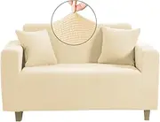 High Stretch Jacquard Sofa Cover Machine Washable Stylish Furniture Cover Anti-Slip Foams Strips with Elastic Bottom Suitable for Various Styles (2 Seater (135-175cm), Cream)