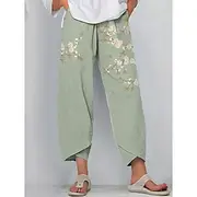 Women's Wide Leg Chinos Baggy Pants Vintage Basic Casual Ankle-Length High Waist Floral Graphic Patchwork Drawstring Printing Breathable Inelastic Outdoor Vaca
