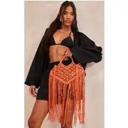 Orange Macrame Tassel Beach Bag, Orange