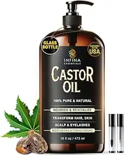 INFINA ESSENTIALS Pure Castor Oil Cold Pressed Hexane Free - Castor Oil Glass Bottle, Cold Pressed Castor Oil for Hair Growth, Face, Scalp, Skin, & Eyelashes - Nourish & Moisturize - 16 fl oz