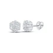 10K White Gold Mens Round Diamond Flower Cluster Earrings 1/2 Cttw