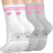 [Toes Home] Pilates Socks for Women with Non Slip Grippers, Yoga Crew Socks for Barre Hospital Sticky Slipper Socks 4 Pairs