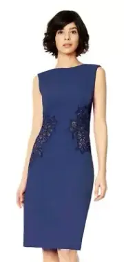 Tadashi Shoji Mima Embroidered Beaded Cutout Neoprene Navy Sheath Dress L