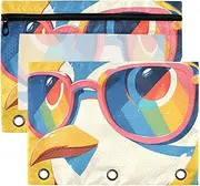 Cartoon Rainbow Color Penguin Binder Pouches with Clear Window Large Zippered with Zipper Reinforced Grommets 3 Rings for School, Office & Home Multicolored 2 PCS