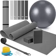 10 Pcs Yoga Starter Kit Include Yoga Mat with Carry Strap, 2 Yoga Blocks, Yoga Strap, Yoga Pilates Ball, 5 Resistance Bands with Air Pump Yoga Mat Set and Kit for Beginners Women and Men