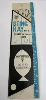 Vintage Vanpac Stingray High Tempered Size 4 Brinze Hooks 6 Pack Nylon Snell New