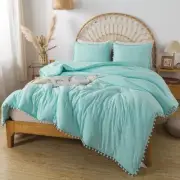Turquoise Comforter Set Twin,2pcs (1 Ball Pom Fringe Comforter+1