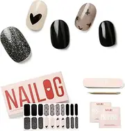 NAILOG Semi Cured Gel Nail Strips (20 Extra Long Polish Stickers/Wraps) | Glossy & Long Lasting Soft Gel Finishing Nail Strips | Black Little Heart