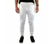 Mens Skinny Track Pants Joggers Trousers Gym Casual Sweat Cuffed Slim Trackies Fleece - White - L