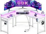 [ODK] L Shaped Gaming Desk with LED Lights&Power Outlet,129 * 129 * 76cm Computer Desk Gaming Table with Large Monitor Stand, Headphone Hook, Metal Legs, Carbon Fiber White