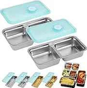 Grab and Go Snack Containers Stainless Steel, Reusable Double Compartment Snack Containers, Metal 2 Compartment Snack Box for Snacks Dips Travel Outdoor Camping (Silver Double Grid,2)