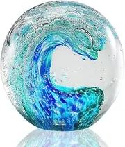 Eachave Paperweight Glass Ball, Handmade Glass Figures Ball Ocean Waves, Home Decor Collectable, Aquarium Decor, Office Decor for Ocean Lovers (Blue + Green)