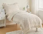4 Piece Boho Tufted Toddler Bedding Set for Girls Beige Ruffle Crib Bed Sheets Set Soft Jacquard Embroidery Toddler Comforter Set Bed in a Bag | Include Comforter, Flat Sheet, Fitted Sheet, Pillowcase