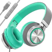 VkingMoR Wired Headphones with Mic, Type C Headphones, Volume Control Type-C, On-Ear with Wire for Laptop、Phone, Wired Headphone Over Ear（Green）