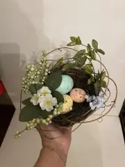 Birds Nest with Artificial Greenery and Yellow Flowers/Berries Home Garden Decor