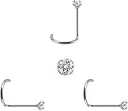 [DENI] 3 Sterling Silver Nose Studs with Large Stone of 3mm Cubic Zirconia with Stunning Shine and Curved Stem, Thickness 0.6mm, Length 6.5mm, Standard Size, 6.5mm Largo, Silver, 6,5mm largo, Silver, No