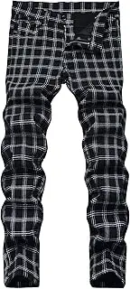 [Zylphorix] Men Retro Plaid Classic Slim Trend Jeans Mid Rise Casual Stretch Denim Pants Y2K Classic Checked Feet Trousers, Black, 38