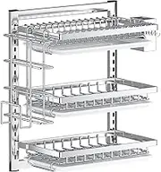 Wall Mounted Dish Drying Rack 3 Tiers Space Adjustable Hanging Dish Drying Rack with Drainboard, Hooks ＆ Cultery Holder No Drilling Stainless Steel Drainers for Kitchen Counter