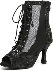 [SWDZM] Women's Ballroom Latin Dance Boots with Rhinestone Salsa Professional Dancing Heels