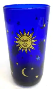 Vintage Libby CELESTIAL Cobalt Blue Moon Sun & Stars Highball Glass