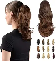 33cm Ponytail Extension Long Curly Ponytail Clip in Claw Hair Extension Natural Looking Synthetic Hairpiece for Women (Medium Brown/Light Auburn Mix)