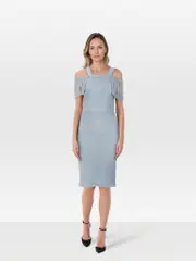 Blue Linen Cold Shoulder Dress