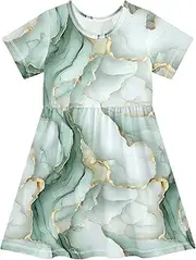 [FRODOTGV] Marble White Sage Green Girls Summer Dresses Short Sleeve Fashion Ruffle Dresses for Baby Girls, Marble White Sage Green, 4 Years