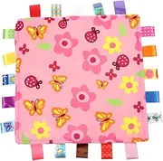 BESTonZON 1Pc Pink Flower Security Comforter for Infants with Colorful Tags Plush Taggy Blanket for Blanket for Newborns
