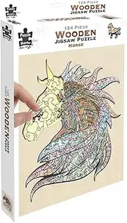 Puzzle Master Wooden Puzzle - Art Jigsaw Wood Cut Puzzle with Display Stand for Adults and Kids - Horse 124-Pieces Set
