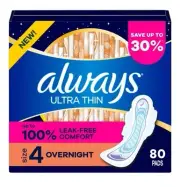 NEW Always Ultra Thin Overnight Pads with Flexi-Wings, Unscented - Size 4 (80 ct
