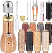 Swpeet 16Pcs Portable Leather Sewing Awl Kit Including Handheld Sewing Repair Awl, 9 Rolls Waxed Threads with Small Screwdriver, Straight and Bent Needles Measuring Tape Scissors Thimble for DIY Craft