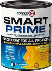 Zinsser Smart Prime Interior & Exterior Primer | Low VOC, Water-Based, Oil-Like Performance | Stain Blocking, Mould Resistant | Ideal for Walls, Trim, Ceilings, and More, White, 1 Litre