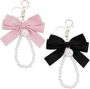 [YALLNASL] Pink Bow Keychain for Women Girls Bracelet Wristlet Pearl Keychain for Car Key Chains Women Cute Bag Purse Charms