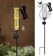 Glass Rain Gauge Outdoor with Large Number Scale,Decorative Metal Black Dog and Bird Solar Light Garden Stake for for Outside,Yard Art,Garden Decor