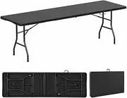 Costway 245cm Outdoor Portable Folding Table, 160kg Fold-in-Half Table w/HDPE Tabletop, Safe Lock Mechanism, Patio Folding Dining Table w/Carrying Handle for Party, Picnic, Camping (Black)