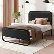 ALFORDSON Metal Bed Frame Single Size Upholstered Headboard Black Leather MADGE