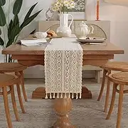 Rustic Table Runner with Tassels,Cotton Blended Fabric Boho Farmhouse Table Decoration for Holiday Party, Coffee Table ,Wedding and Dining Decor,Beige (24x220cm)