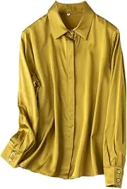 [keusyoi] Women's Satin Silk Shirt Button Up Long Sleeve Blouse Tops Office Work Shirt