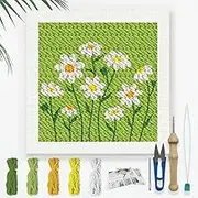 DOODLREAM Daisy Embroidery Set for DIY with Punch Needle for Adults and Beginners 24 cm Daisy Punch Stitching Craft Set for Beginners with Frame Fabric Pattern Threader Yarn Crimp Needle