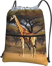 EdWal Africa Giraffe Majestic Tree Print Drawstring Backpack Gym Bags Sports Bags With Zipper Pocket For Travel Swimming Beach, Black, One Size